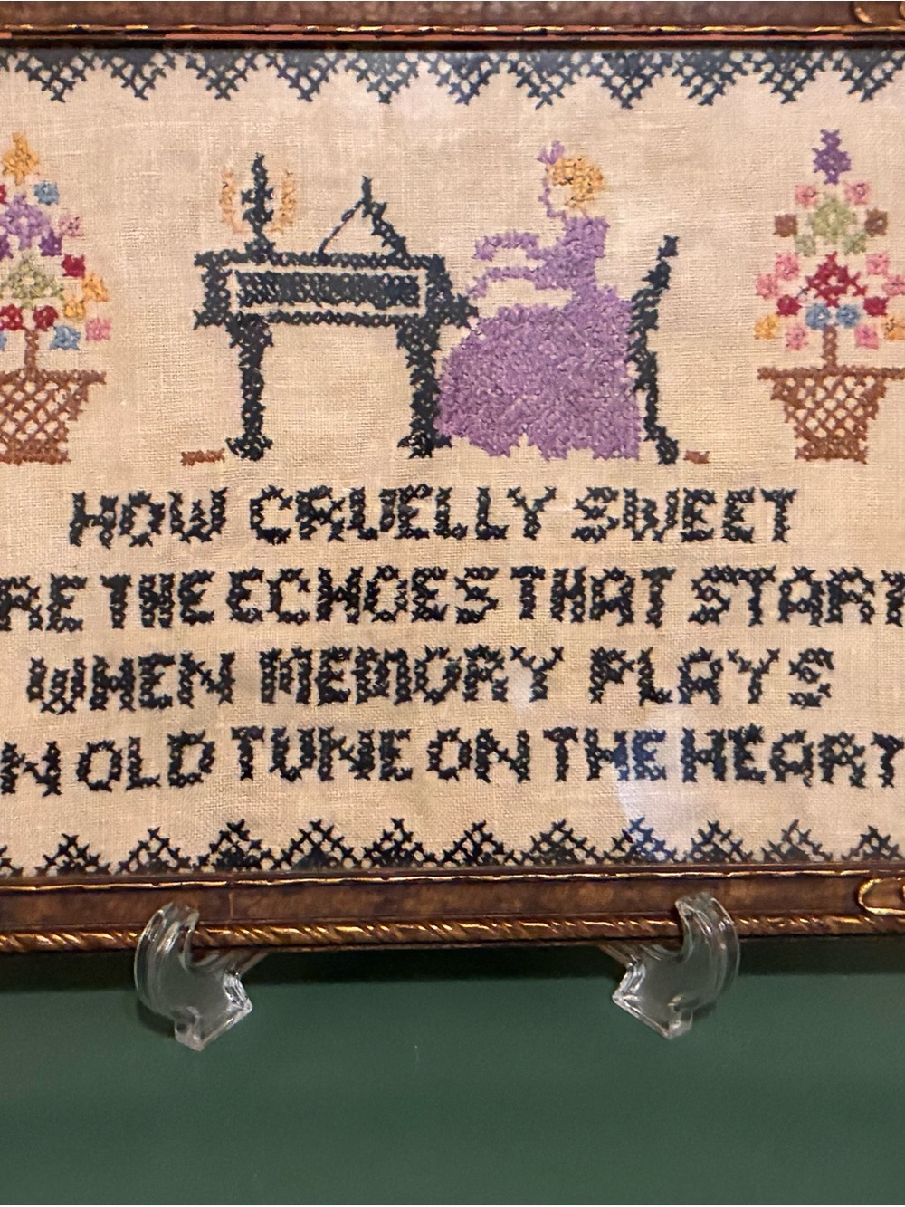 Vintage Framed Cross-Stitch Wall Art in Purple and Black